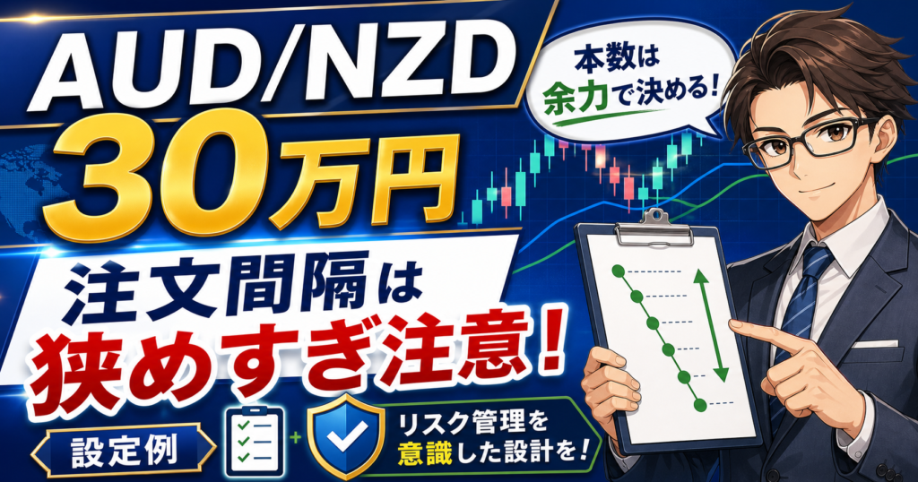 AUD/NZD30万円の注文間隔で本数は余力で決めることを伝えるアイキャッチ