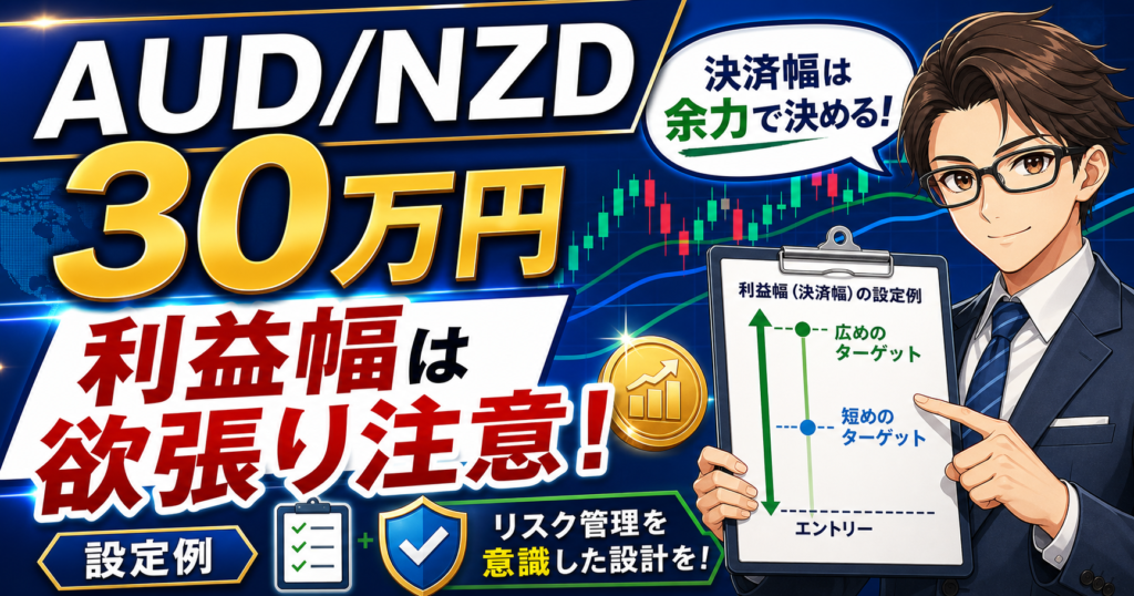 AUD/NZD30万円の利益幅で決済幅は余力で決めることを伝えるアイキャッチ