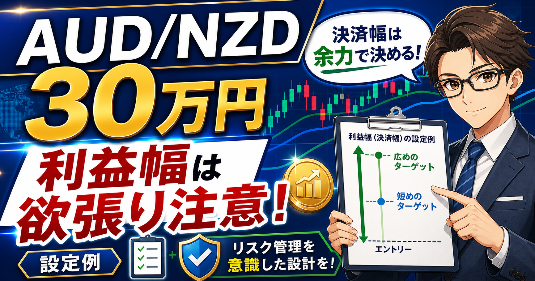 AUD/NZD30万円の利益幅で決済幅は余力で決めることを伝えるアイキャッチ
