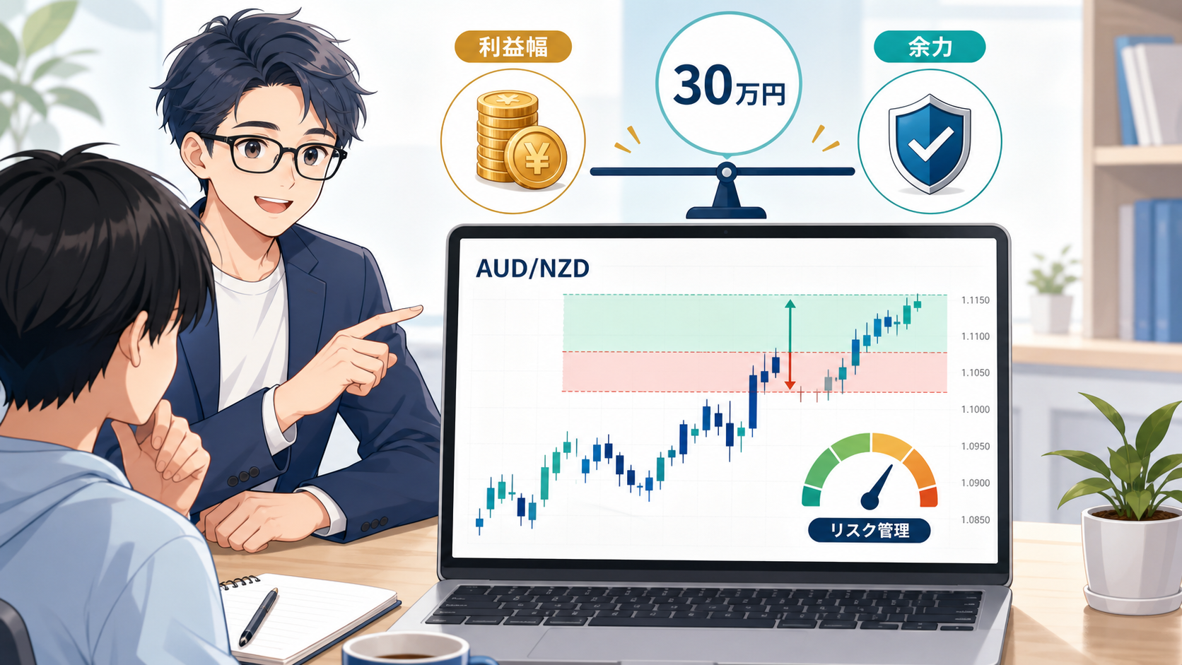 AUD/NZD30万円の利益幅は欲張らず余力を見て決めることを説明する図解
